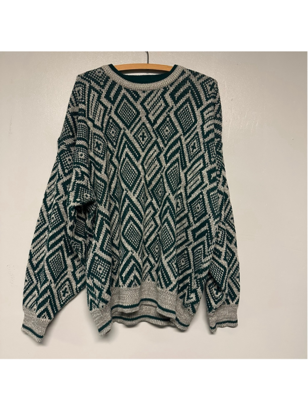Men's Trend Basics Crewneck Sweater XXL Green Gray Diamond Pattern 100% acrylic